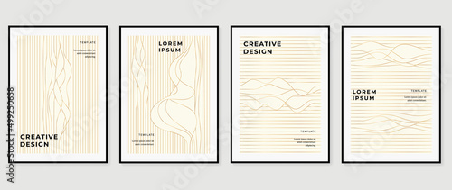 Abstract golden line cover template. Gold wave line pattern in minimal dynamic design on warm tone background. Luxury and elegant poster template suitable for prints, wallpaper and interior.