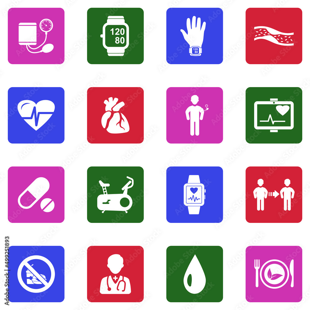 Blood Pressure Icons. White Flat Design In Square. Vector Illustration. Blood Pressure Icons. White Flat Design In Square. Vector Illustration.