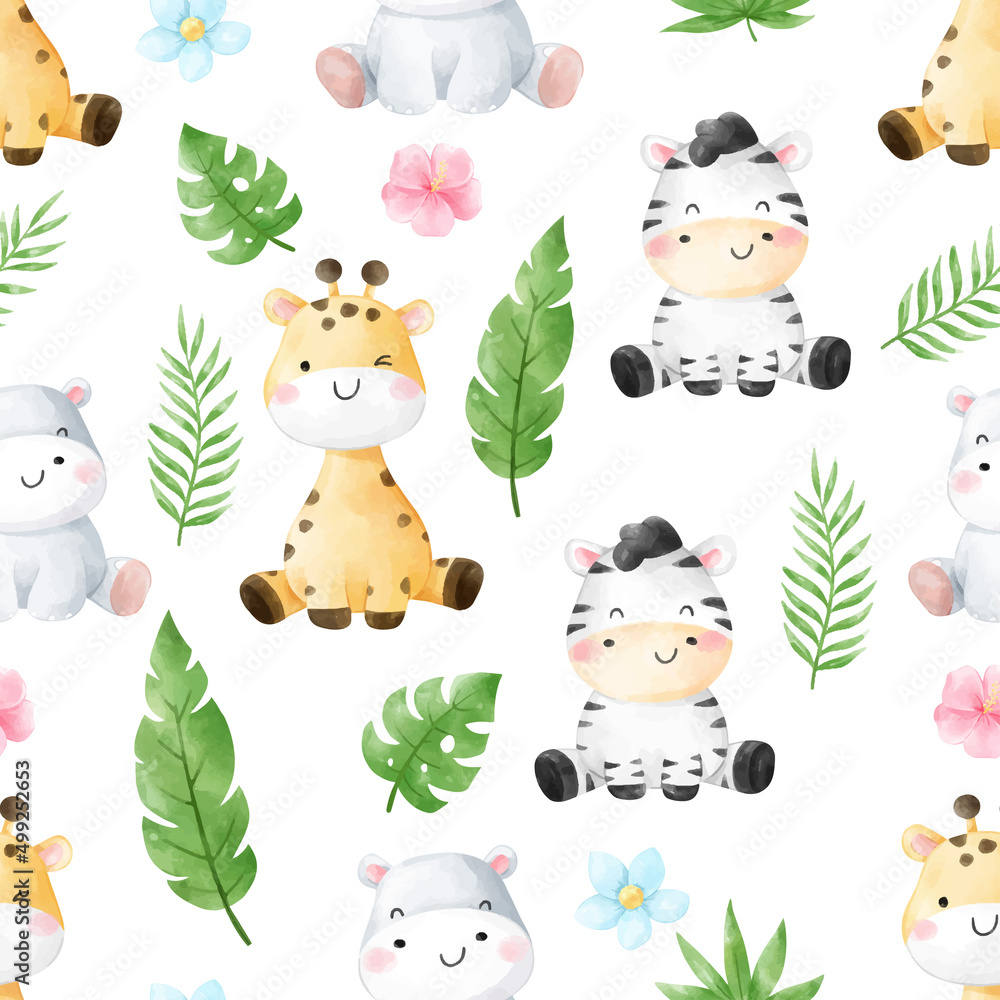 Draw seamless pattern baby safari animal Printable for kids