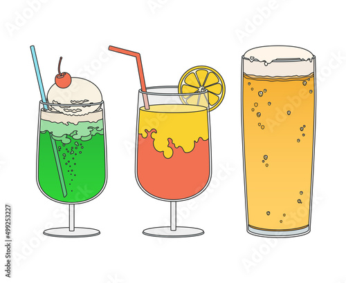 Hand drawn style vector illustration of cold drinks isolated on background.
