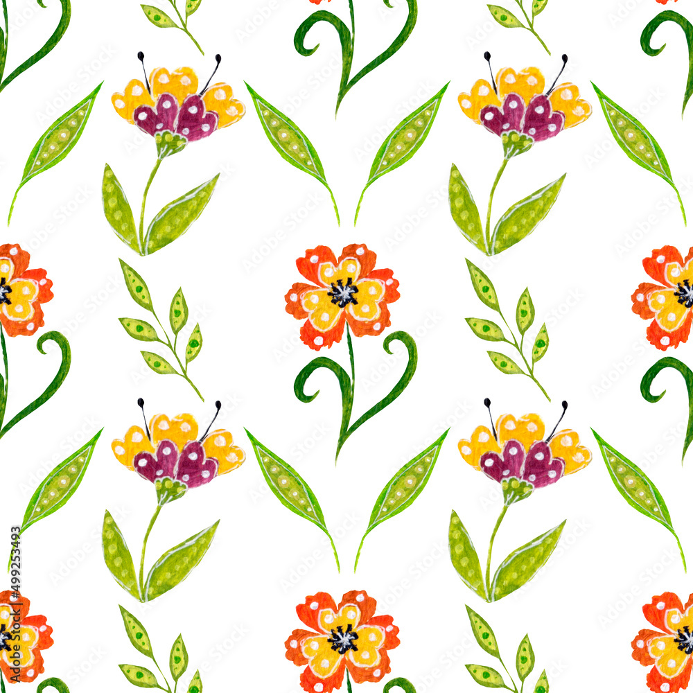 Watercolor botanical pattern, flowers and leaves on white background. Seamless colorful pattern for fabric, paper, etc. Watercolor botanical pattern, flowers and leaves on white background. Seamless colorful pattern for fabric, paper, etc.