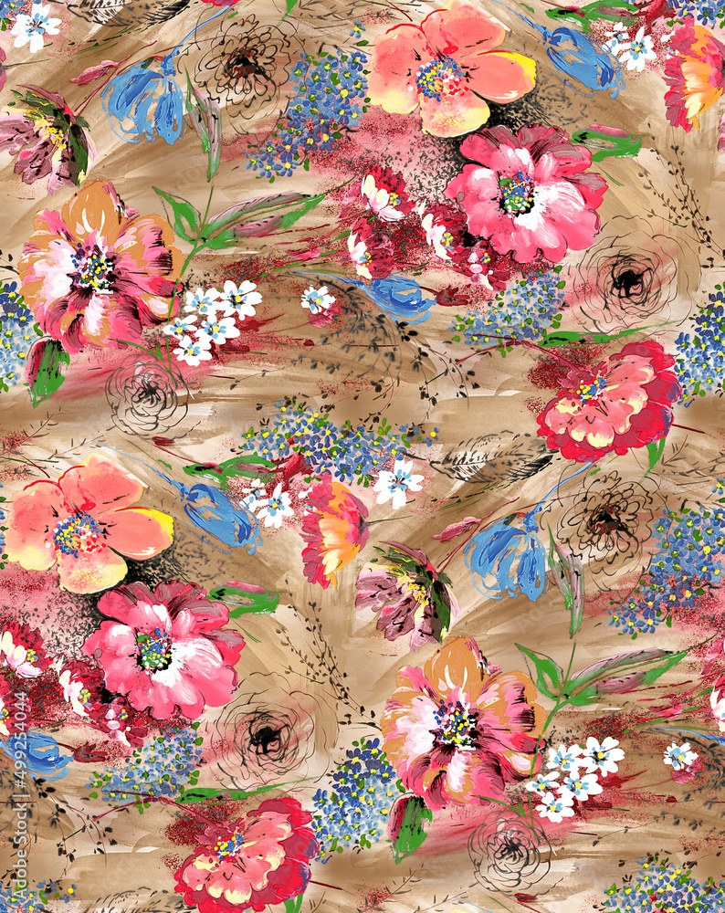 Brushstroke flower and Colorfull Flowers watercolor Flowers watercolor background Textile Design - illustration