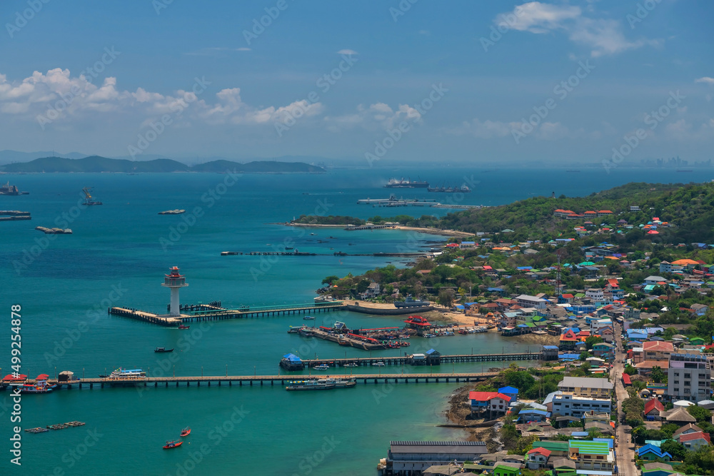 Aerial top view of Koh Sichang in Sriracha, Chonburi, Thailand.  Famous travel destination or summer holiday vacation in tropical country, Siam.