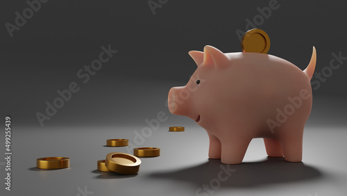 3d render. Pink piggy bank on a gray background with gold coins.
