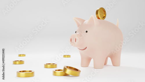 3d render. Pink piggy bank on a white background with gold coins.
