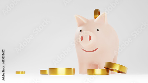 3d render. Pink piggy bank on a white background with gold coins.