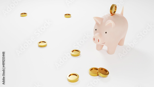 3d render. Pink piggy bank on a white background with gold coins.