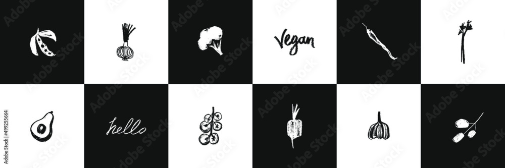 Vector vegetable icon set for organic food label, healthy eat packaging design. Green hand drawn broccoli symbol, tomato icon, onion sign, soy Illustration, garlic drawing, olive insignia, beet logo.