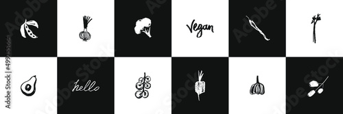 Vector vegetable icon set for organic food label, healthy eat packaging design. Green hand drawn broccoli symbol, tomato icon, onion sign, soy Illustration, garlic drawing, olive insignia, beet logo.
