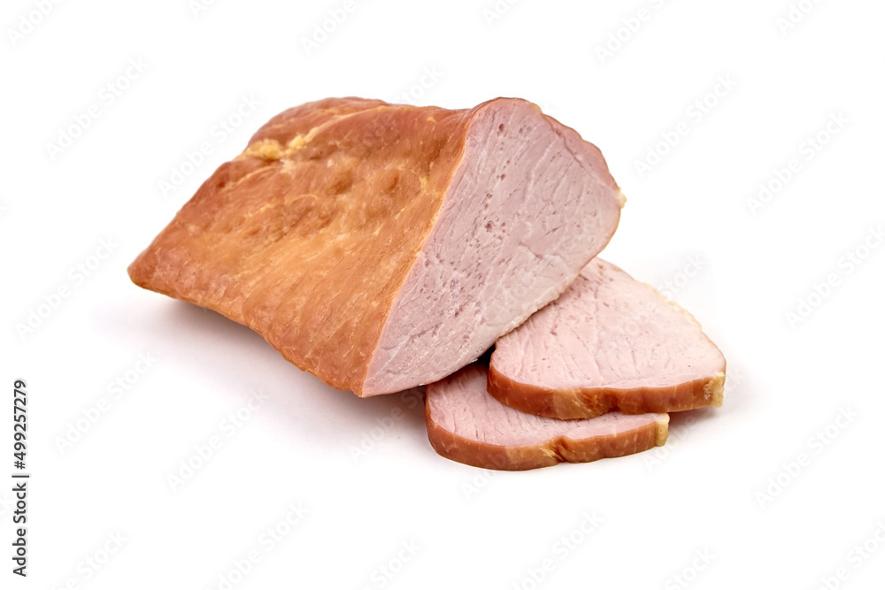 Smoked pork meat with slices isolated on white Smoked pork meat with slices isolated on white