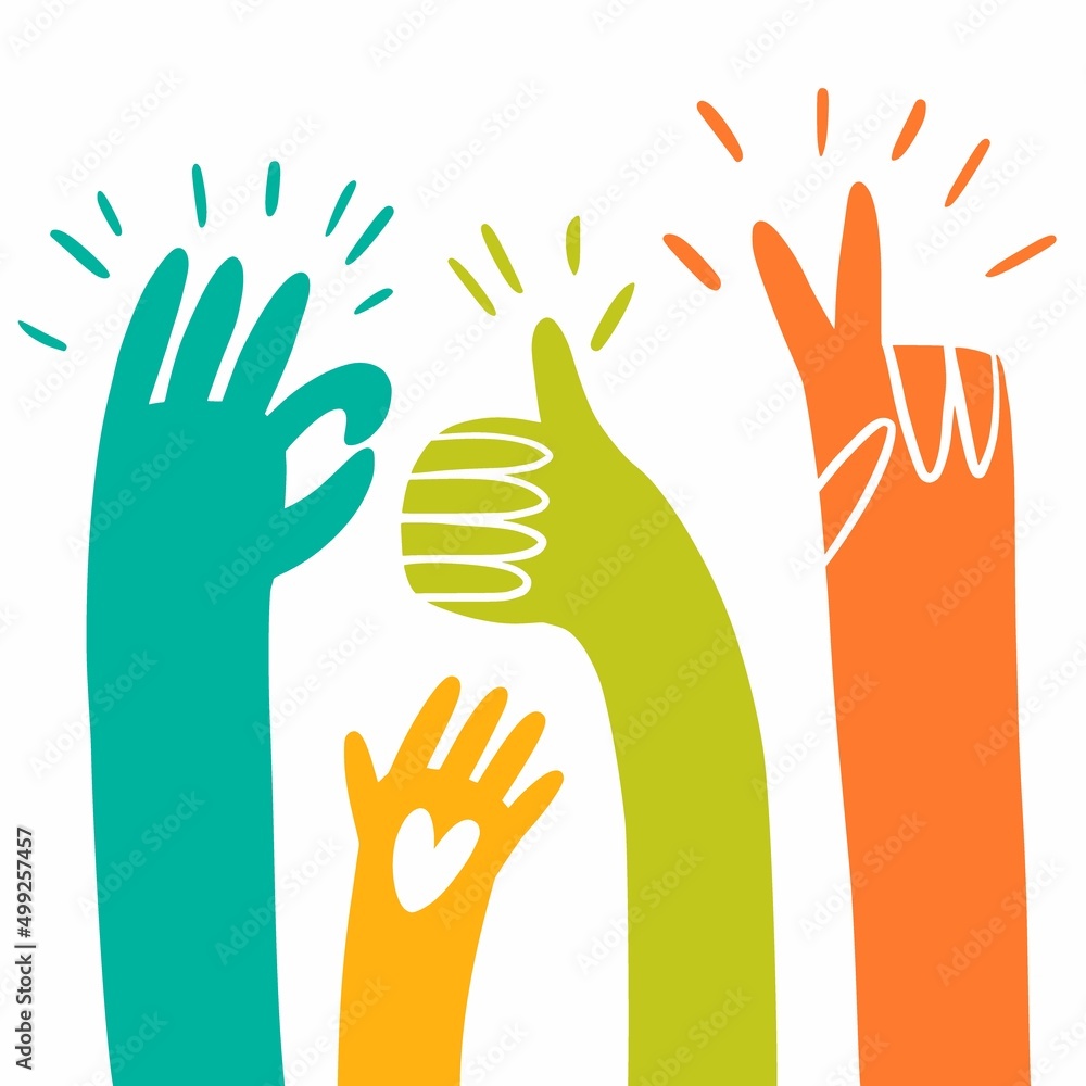 Obraz premium Illustration of people's hands raised up, hand-drawn illustration
