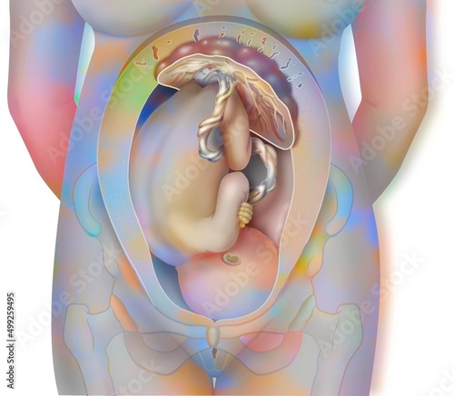 Intrauterine fetus at 9 months and its placenta.