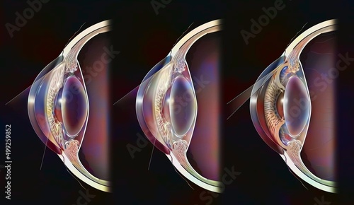 Comparison between a normal eye with open and closed angle glaucoma.