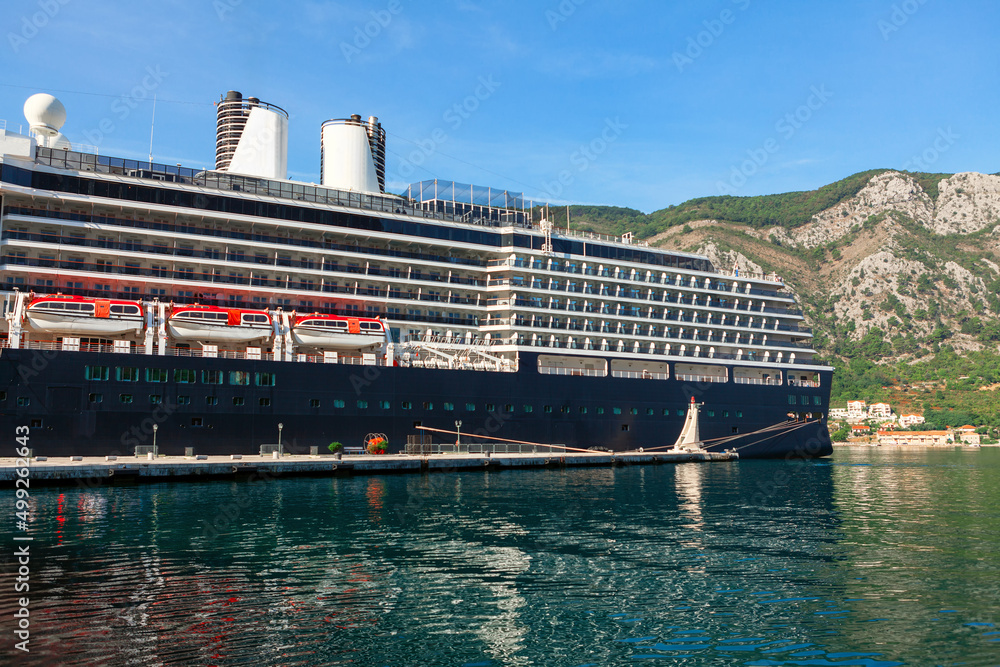 Cruise liner moored at Kotor Bay . Ocean liner at harbor
