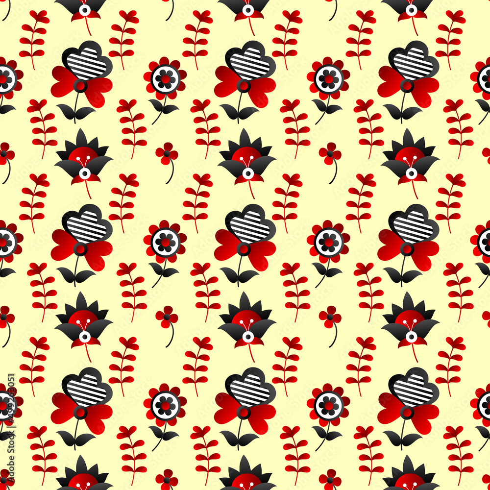 Seamless pattern based on Ukrainian embroidery on yellow background. Vector stylized ornament in Ukrainian style. Seamless pattern based on Ukrainian embroidery on yellow background. Vector stylized ornament in Ukrainian style.