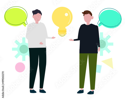 解決策をひらめく 話し合いをする人々 アイディアを思いつく 電球と会話 ベクターイラスト