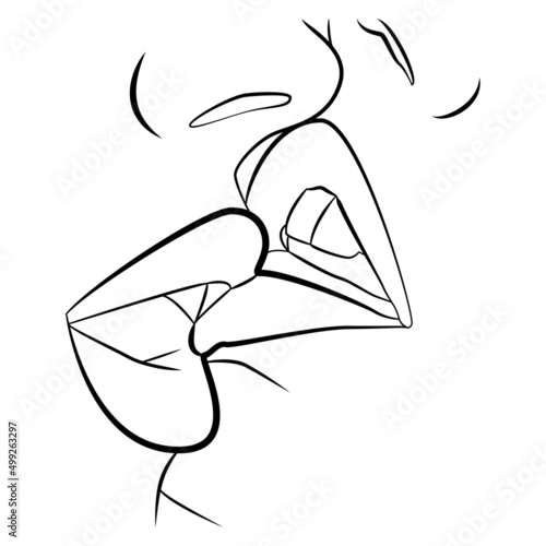 A kiss. The face is a line. Kissing couple. Abstract, modern art. Drawing a single line for use in design.