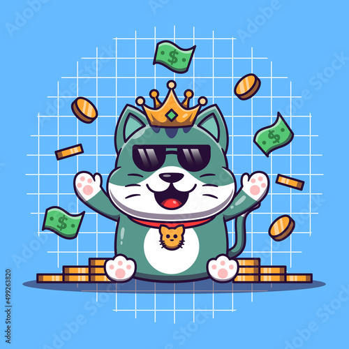 Rich cute cat with lots of coins and money around it vector illustration. Flat cartoon style.