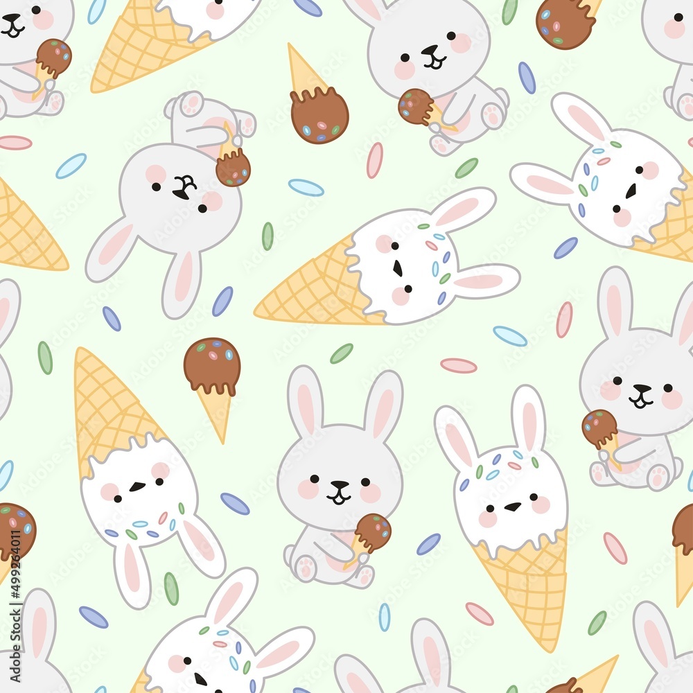 Seamless pattern of rabbits, a large ice cream cone, a small ice cream and sugar sprinkles, on a green background. Seamless pattern of rabbits, a large ice cream cone, a small ice cream and sugar sprinkles, on a green background.