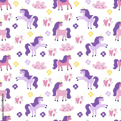 Seamless pattern with cute pink and lilac unicorns clouds on a white backfround. Vector graphics for prints on childrens clothes  t-shirts  pillows  wallpapers  packaging  packages.