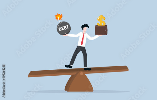 Balancing between debt payoff and income salary, 
personal financial management, smart calculation for wealthy life concept. Businessman balancing himself on seesaw with debt bomb and money wallet.