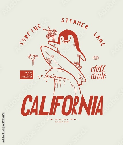 Surfing California. Big Wave beach sports summer vacation t-shirt print vector illustration.
