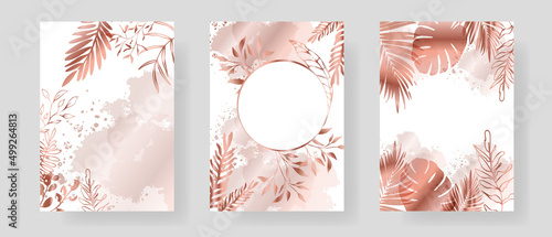 Set Invitation Card Leaves Background - Hand drawn colorful plant set modern and universally usable. Flower branch and minimalistic plants. Hand drawn lines, elegant leaves for your own design.