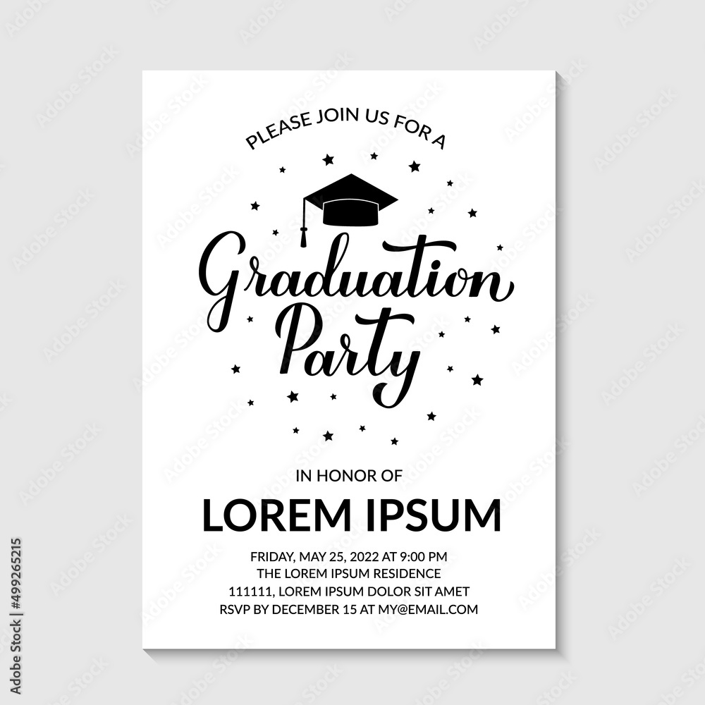 Graduation party invitation card template. Black and white grad party invite. Graduation celebration announcement. Vector illustration