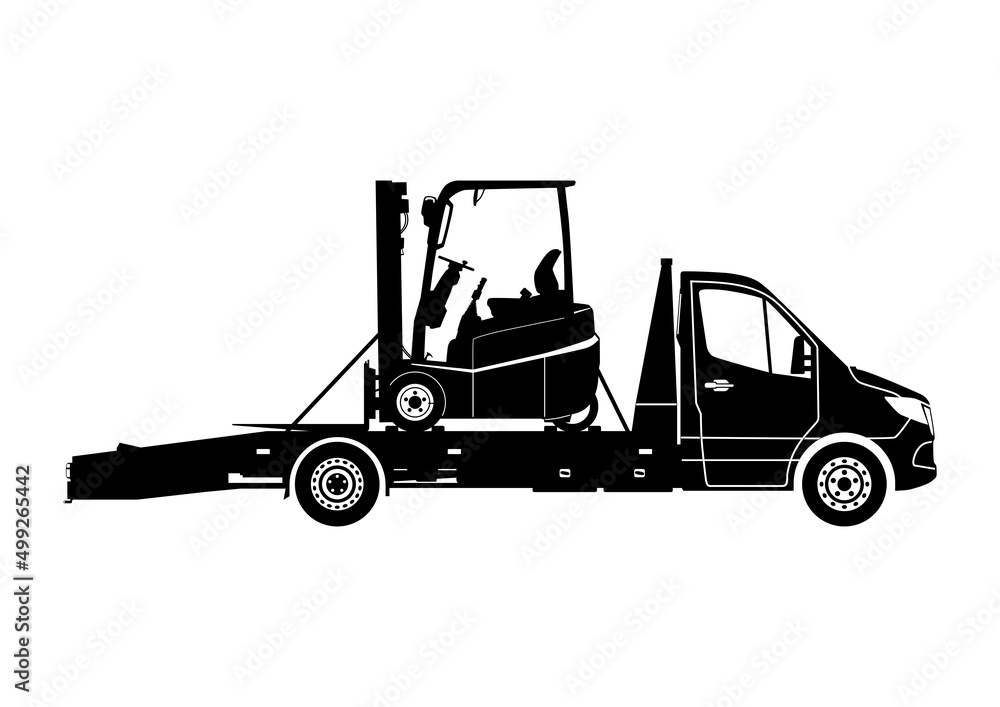 Shipping a forklift. Silhouette of a flatbed truck carrying a forklift. Vector. Shipping a forklift. Silhouette of a flatbed truck carrying a forklift. Vector.