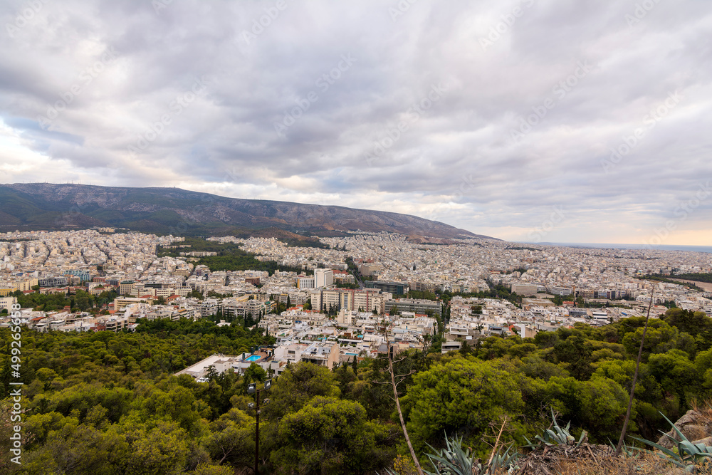 Panoramic view of the city of Athens from Lycabettus hill, Attica, Greece