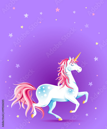 Cute poster with Unicorn. Cartoon character. Vector illustration. Design element for childish accessories. Greeting card or apparel print  decorative emblem  label  book cover  icon  mascot.