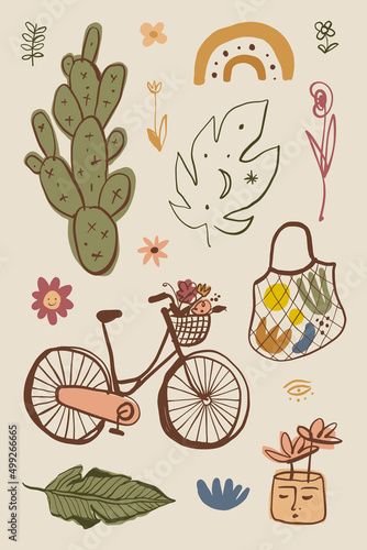 Plant lover stickers plants floral gardening cozy home bundle vector summer elements collection. Clipart boho decor. 
