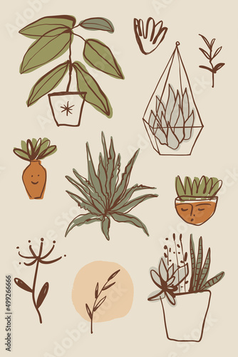 Plant lover stickers plants floral gardening cozy home bundle vector summer elements collection. Clipart boho decor. 
