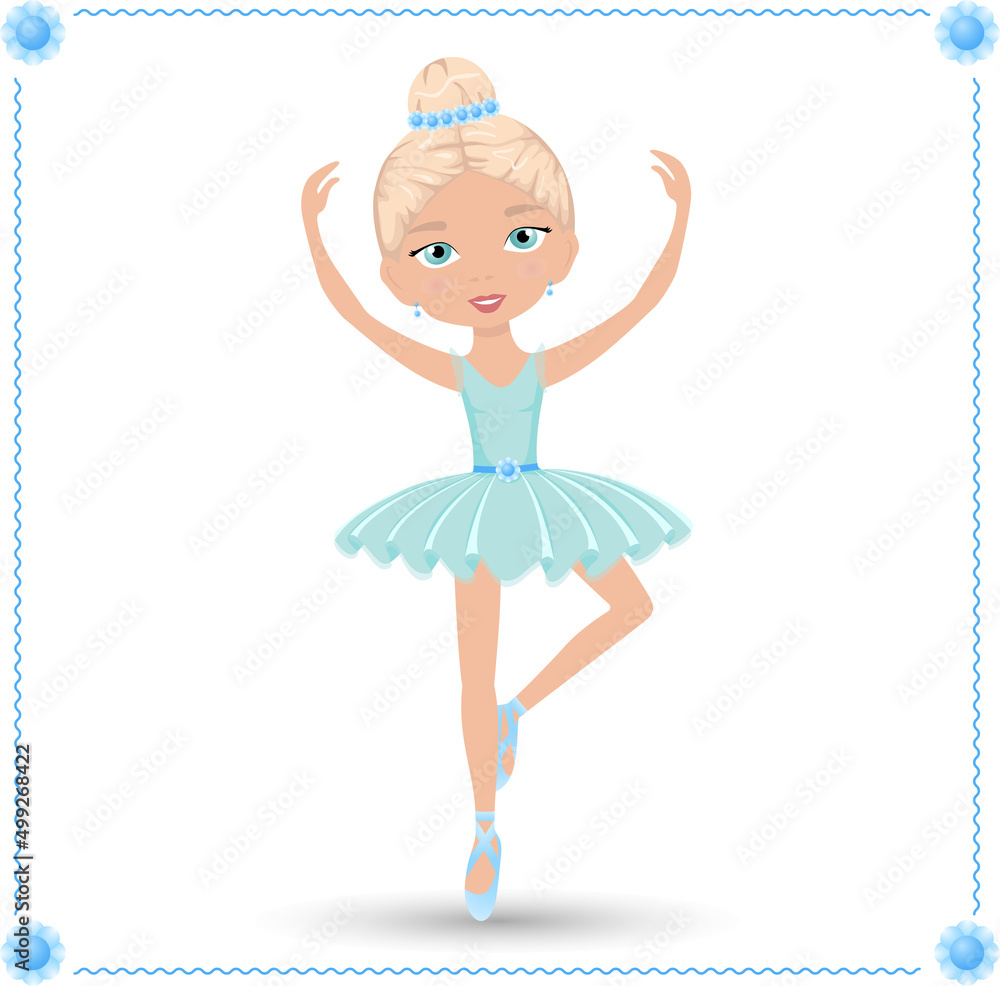 Cute girl ballerina in a blue dress with a bun on her head Cute girl ballerina in a blue dress with a bun on her head