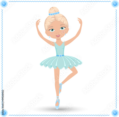 Cute girl ballerina in a blue dress with a bun on her head