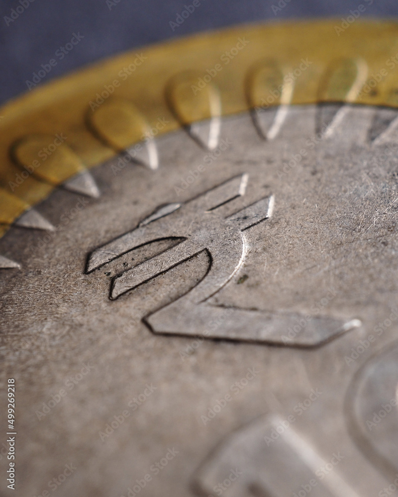 Translation: rupee. Fragment of Indian 10 rupee coin with the sign of the national currency closeup. Economy and finance of India. Vertical stories. Macro