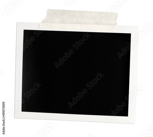 Blank Vintage instant photo frame with brown tape isolated on white background