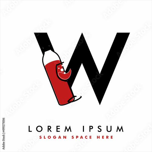 Creative W letter with wine bottle logo design concept. wine bottle & glass  logo design template vector.