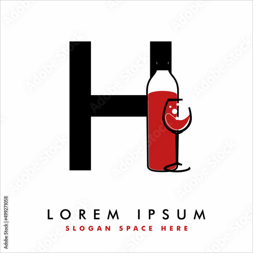 Creative H letter with wine bottle logo design concept. wine bottle & glass  logo design template vector.
