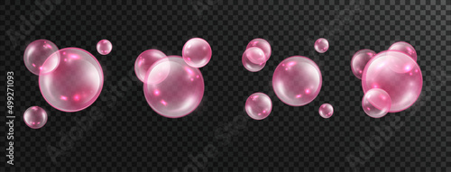 Pink collagen bubbles set isolated on transparent background. Vector realistic shine sphere or soap bubble. 3D illustration