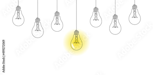 Light bulbs hanging down with one glowing. Creative idea, business concept vector illustration