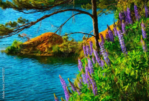 Watercolor and oil painting nature landscape, famous travel and touristic place, outdoor vacation trend print for poster, paper, textile or canvas. Modern fine arts design wallpaper. Wall art drawing