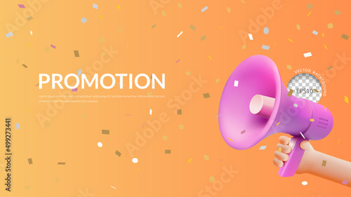 Promotion banner, 3D hand holding pink megaphone with confetti on orange background, Vector illustration