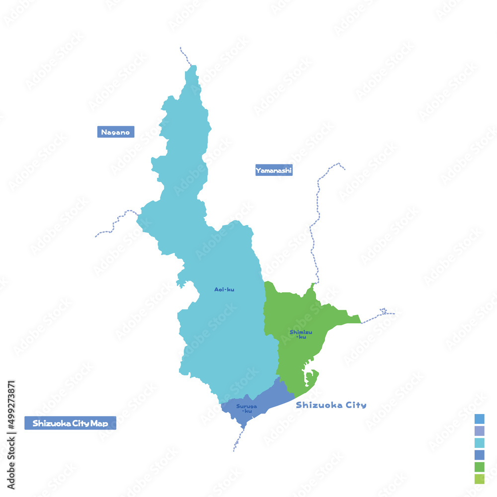 Obraz premium 静岡市行政区・静岡市地図 雨の日カラーで色分けしてみた（英語版）