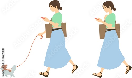 歩きスマホをする女性と歩きスマホで犬の散歩をする女性 