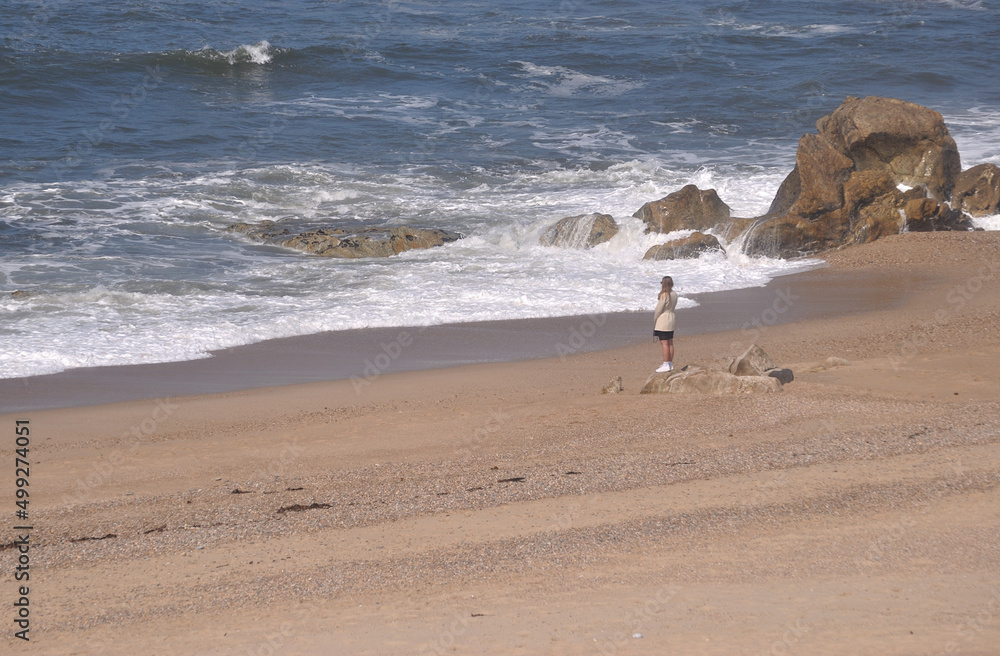 Naklejka premium Pessoa do sexo feminino parada em cima de uma rocha numa praia a observar o oceano