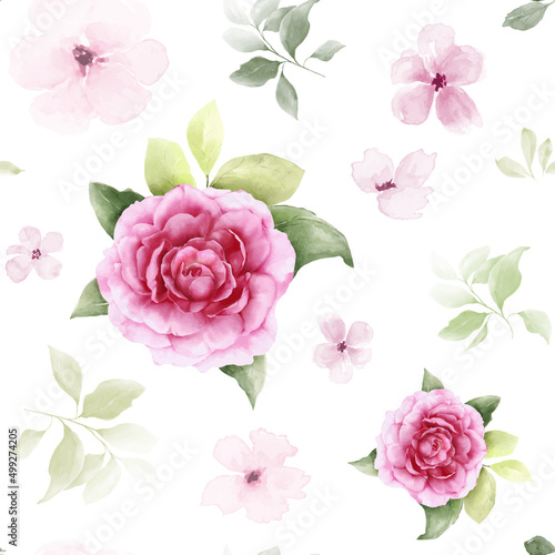 Seamless pattern with watercolor bouquets of bright pink roses