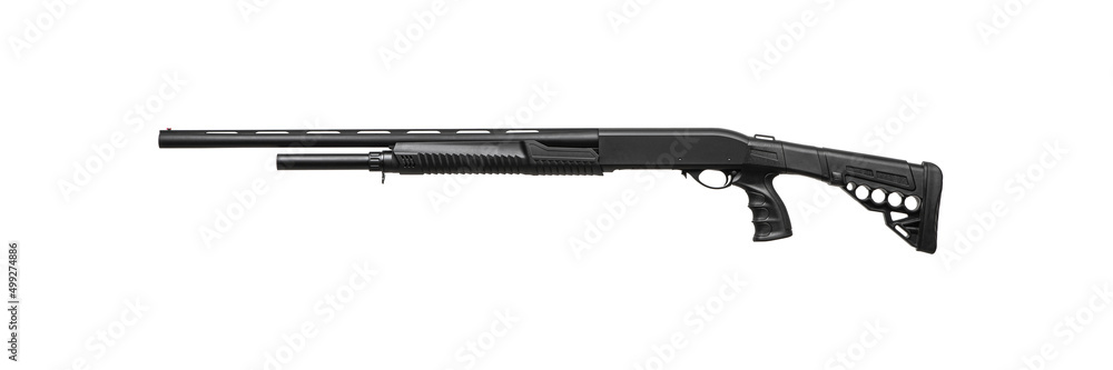 Pump-action 12 gauge shotgun isolated on a white back. A smooth-bore weapon with a wooden stock. Pump-action 12 gauge shotgun isolated on a white back. A smooth-bore weapon with a wooden stock.