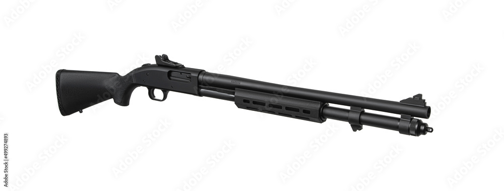 Pump-action 12 gauge shotgun isolated on a white back. A smooth-bore weapon with a wooden stock.