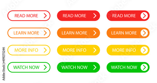 Read more, learn more, more info and watch now button set in flat style. Vector EPS 10